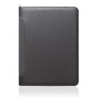 Black leather portfolio folder with white stitching, closed and standing upright against a white background.