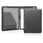 Black leather portfolio with notepad, pen, and inside pockets, shown open and closed.