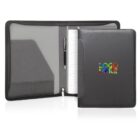 Black portfolio folder open to show notepad, pen holder, and logo on the front cover.