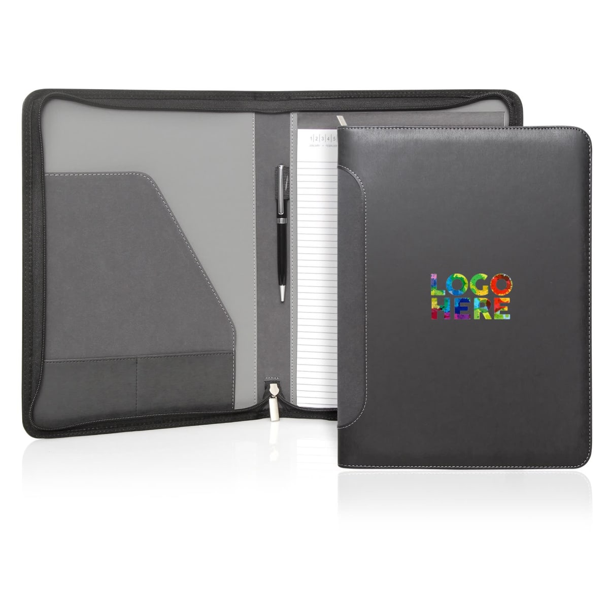 Black portfolio folder open to show notepad, pen holder, and logo on the front cover.