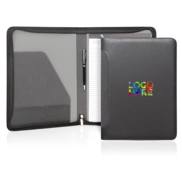 Black leather padfolio with colorful Logo Here text, open to show notepad and pen inside.