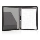 Open black zippered portfolio with a notepad, pen, and pockets inside.