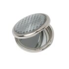 A small silver compact mirror with a patterned lid, shown open.