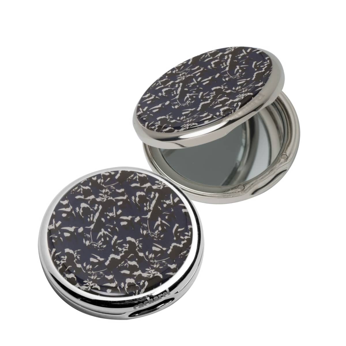 Round compact mirror with a black and silver marbled pattern, shown open and closed.