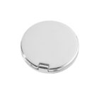 Closed silver compact mirror with a clasp, viewed from above on a white background.