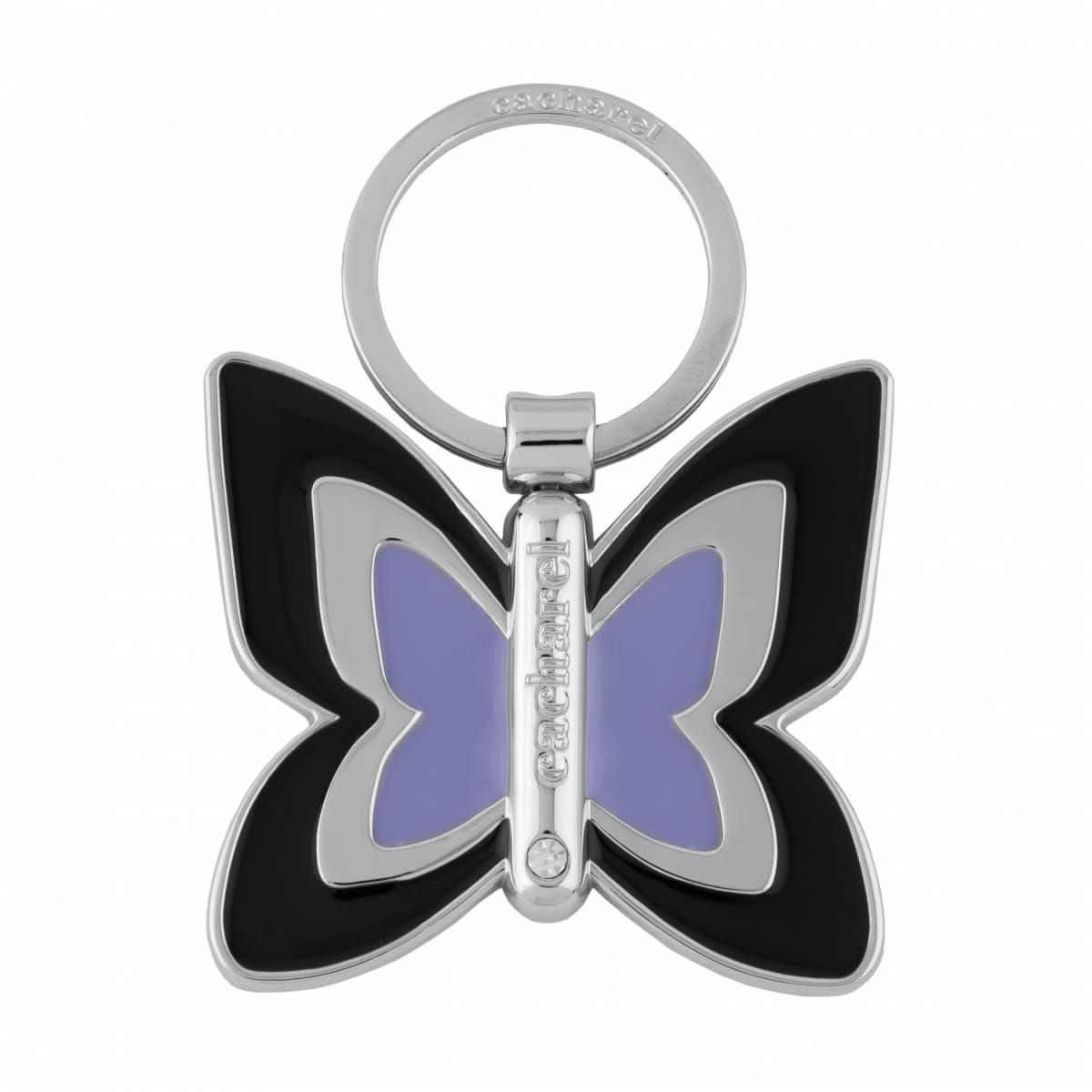 Butterfly-shaped keychain with black and purple wings and a silver outline.