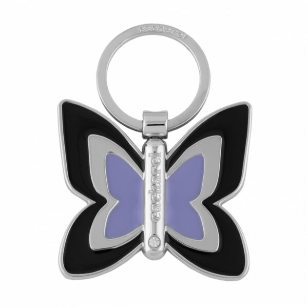 Silver keychain with black and purple butterfly design, cachetavel engraved on center.