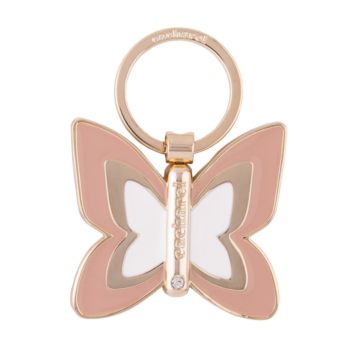 Gold and pink butterfly-shaped keychain with Cacharel engraved on the center bar.
