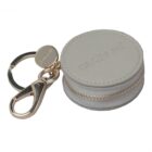 Round light gray zippered pouch keychain with gold clasp and keyring attached.