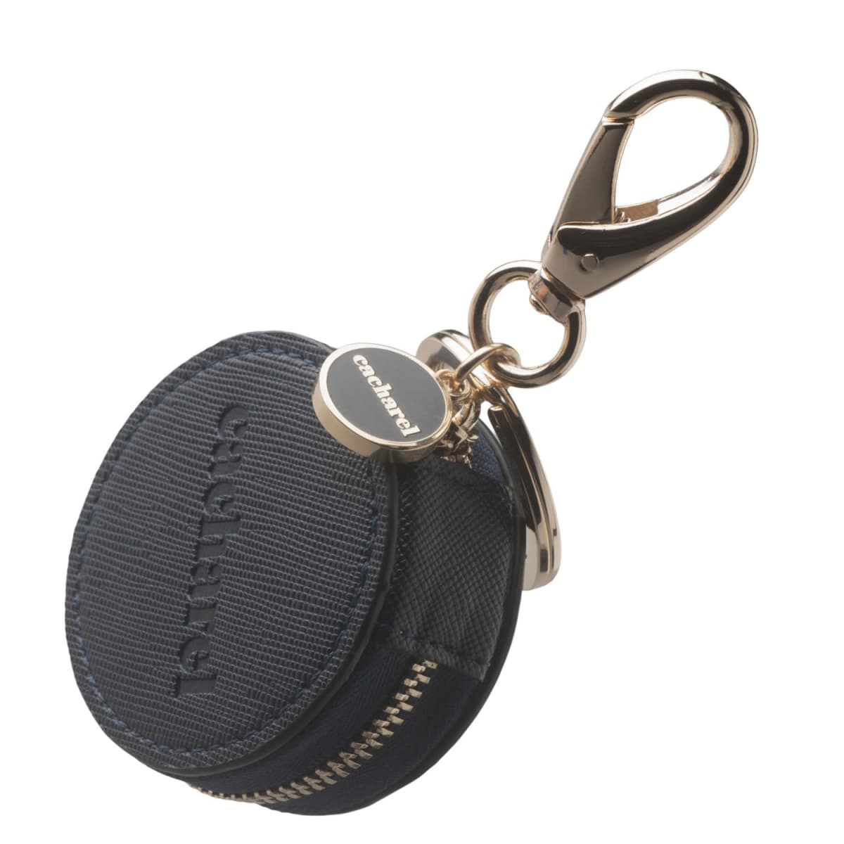 Dark round coin pouch keychain with gold zipper and clasp, embossed with agnès b.