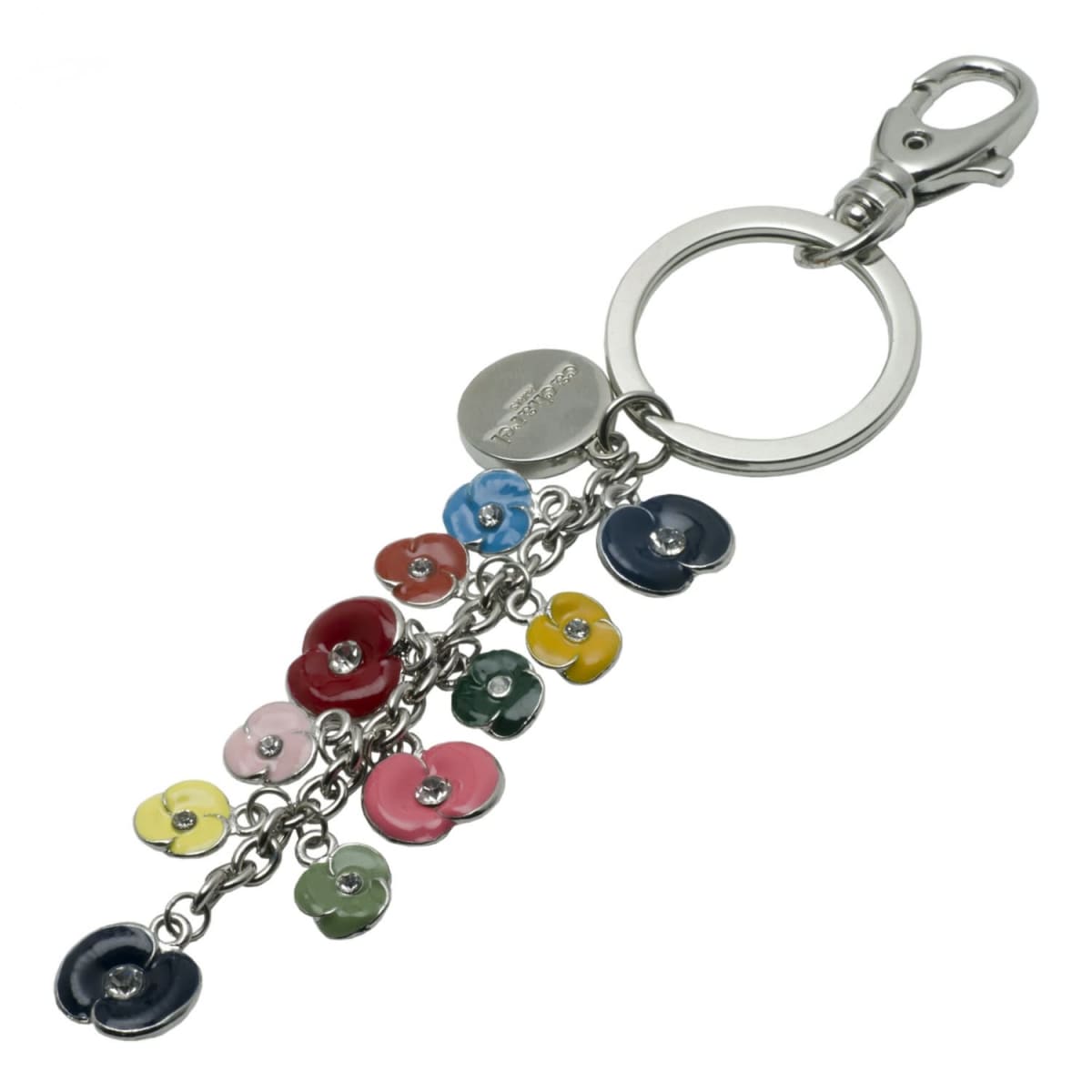 Keychain with colorful flower charms on metal chains and a round tag attached to a key ring.