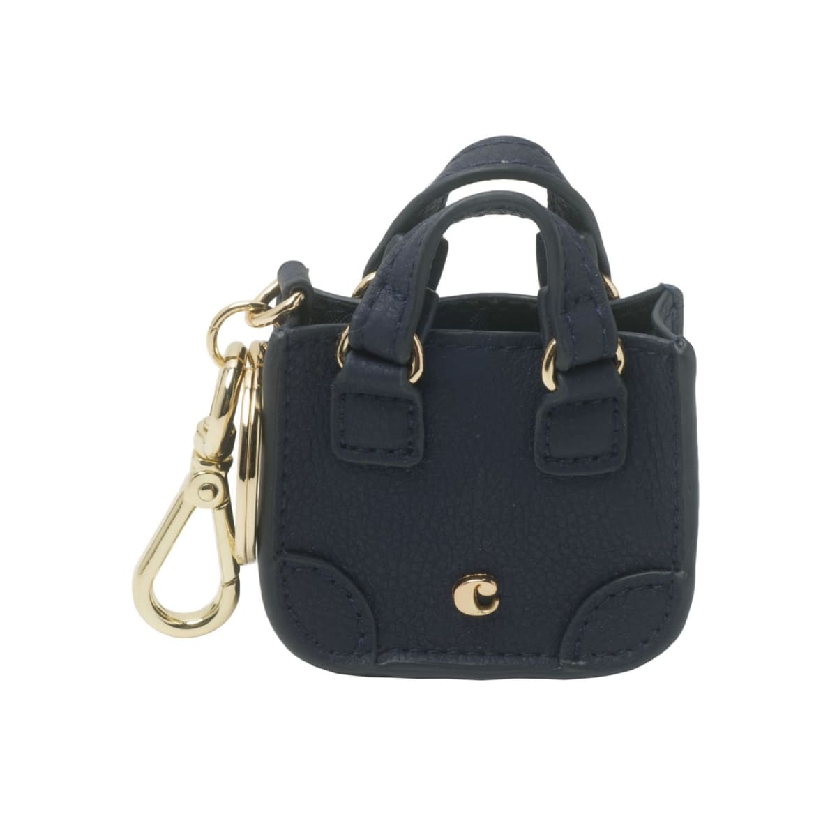 Mini navy blue handbag keychain with gold hardware and clasp.