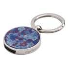 Round keychain with blue and purple floral design and a metal ring.