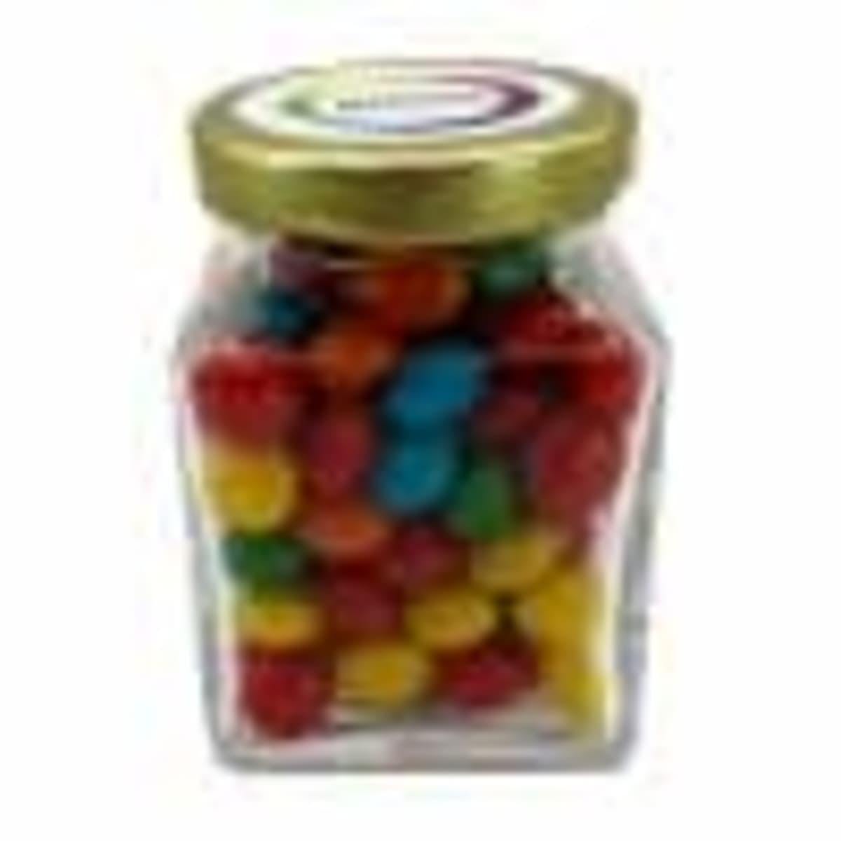 Square glass jar filled with colorful candy-coated chocolates, closed with a gold lid.
