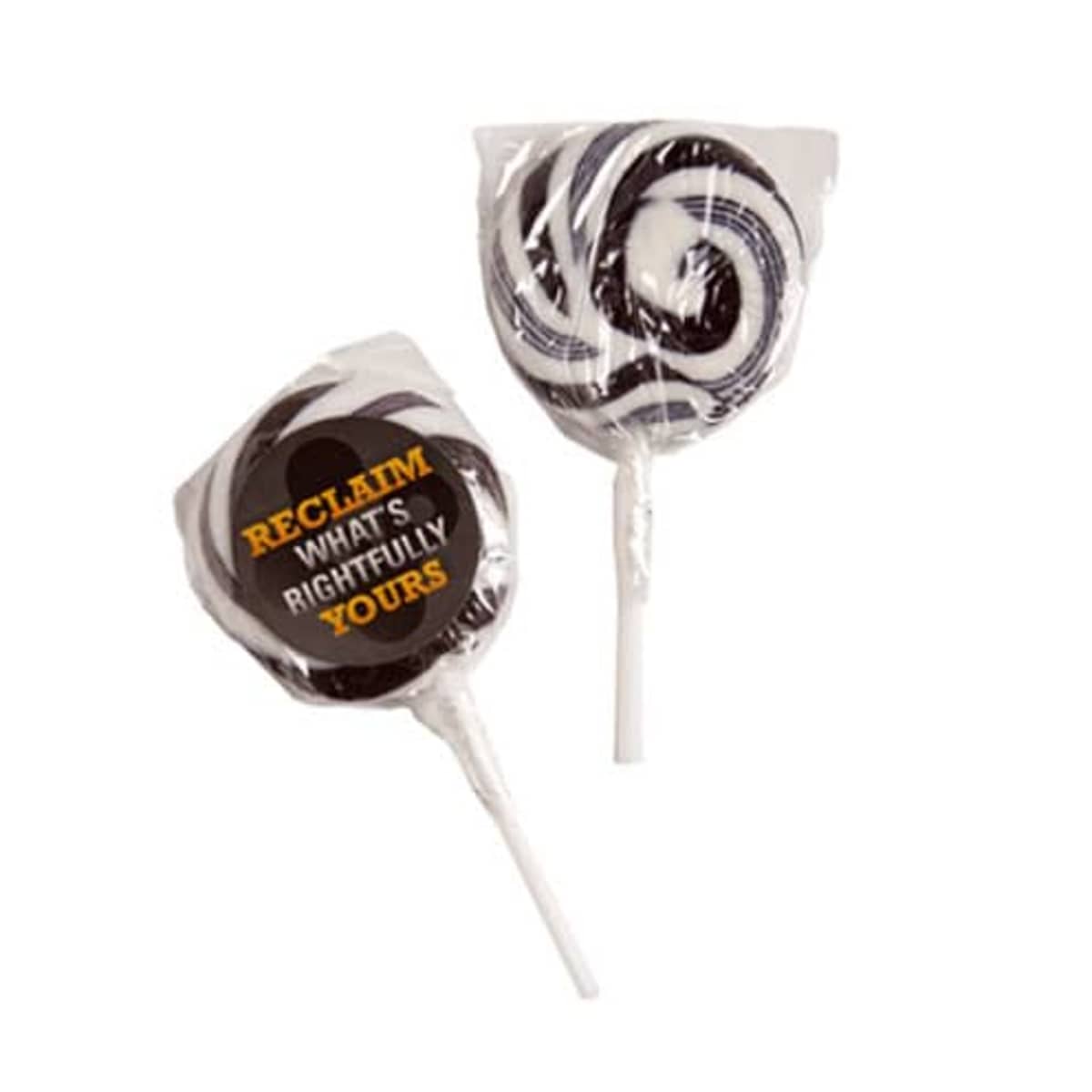 Two black and white swirled lollipops, one says Reclaim what’s rightfully yours.