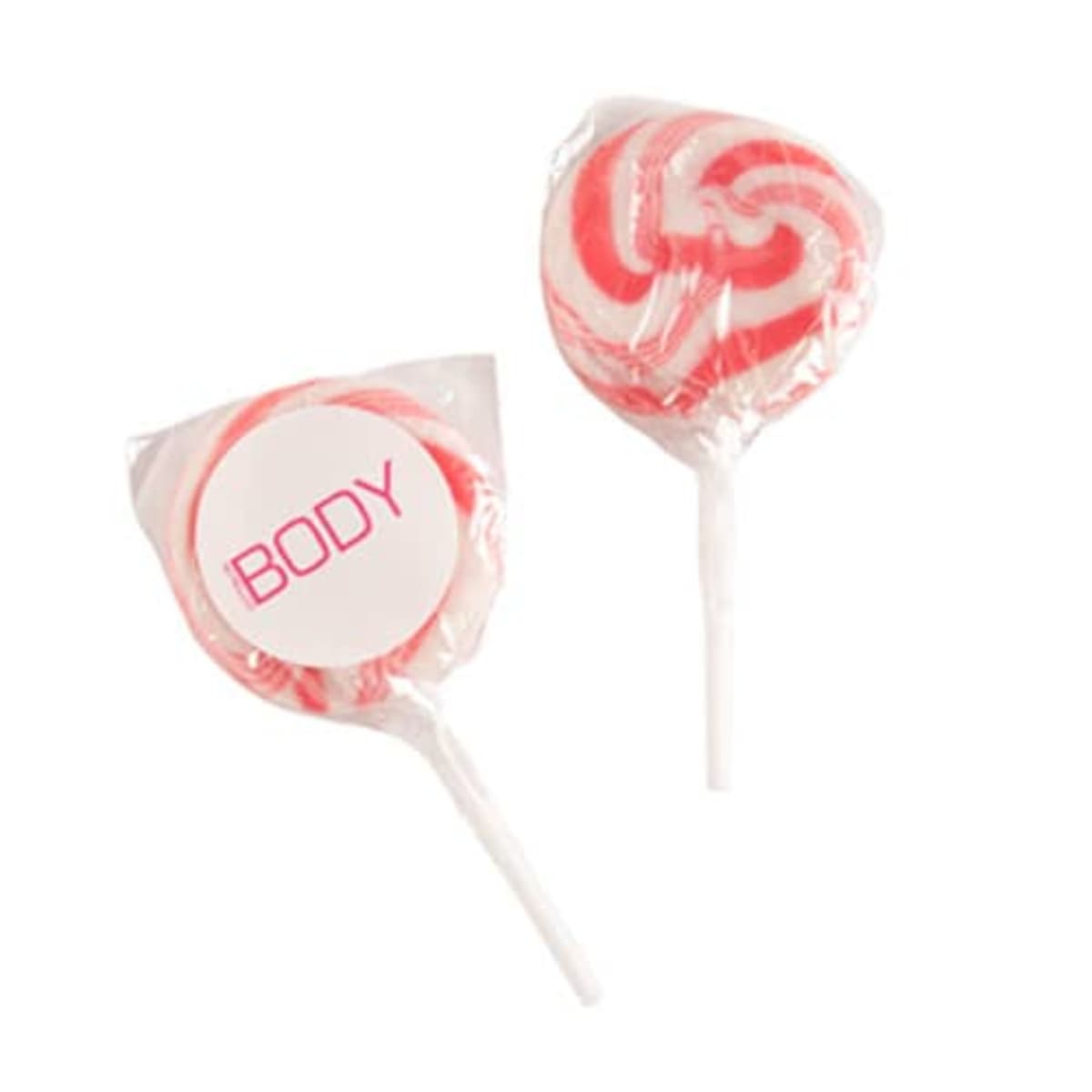 Two red and white swirl lollipops, one labeled BODY, both wrapped in clear plastic.