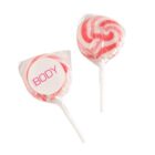 Two red and white swirled lollipops, each wrapped in plastic, one labeled BODY.