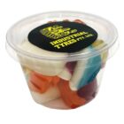 Plastic tub of colorful gummy candies with a black and yellow Industrial Tyres label on the lid.