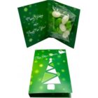 Green holiday card with tree design, opened to show a bag of candies and festive greetings inside.