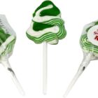 Three green and white Christmas tree lollipops, two wrapped and one unwrapped, on white.