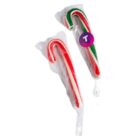 Two wrapped candy canes, one red and white, one red, white, and green.