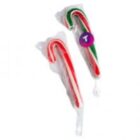 Two wrapped candy canes, one red and white, one red, green, and white, on a white background.