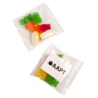 Two small clear bags of colorful gummy candies, one with an AAPT logo sticker.