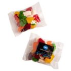 Two small clear bags filled with assorted colorful gummy candies.