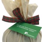Fabric-wrapped gift with a plaid ribbon and a green GenesisCare thank you tag.