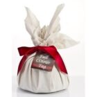 Cloth-wrapped gift with a red ribbon and a tag reading Full Colour Tag.