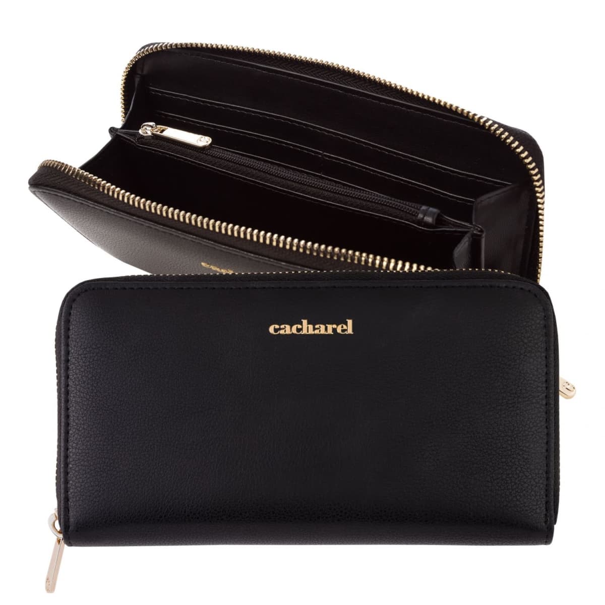 Black Cacharel wallet with gold zippers, shown open and closed.