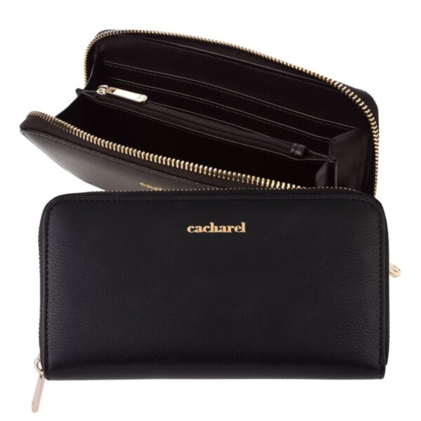 Black Cacharel zippered wallet shown opened and closed, with gold logo and hardware.