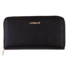 Black leather wallet with gold zipper and cacharel logo in gold on the front.