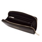 Black zippered wallet with multiple compartments and gold zipper pull, shown open.