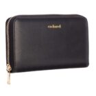 Black leather wallet with gold zipper and cacharel logo on the front.