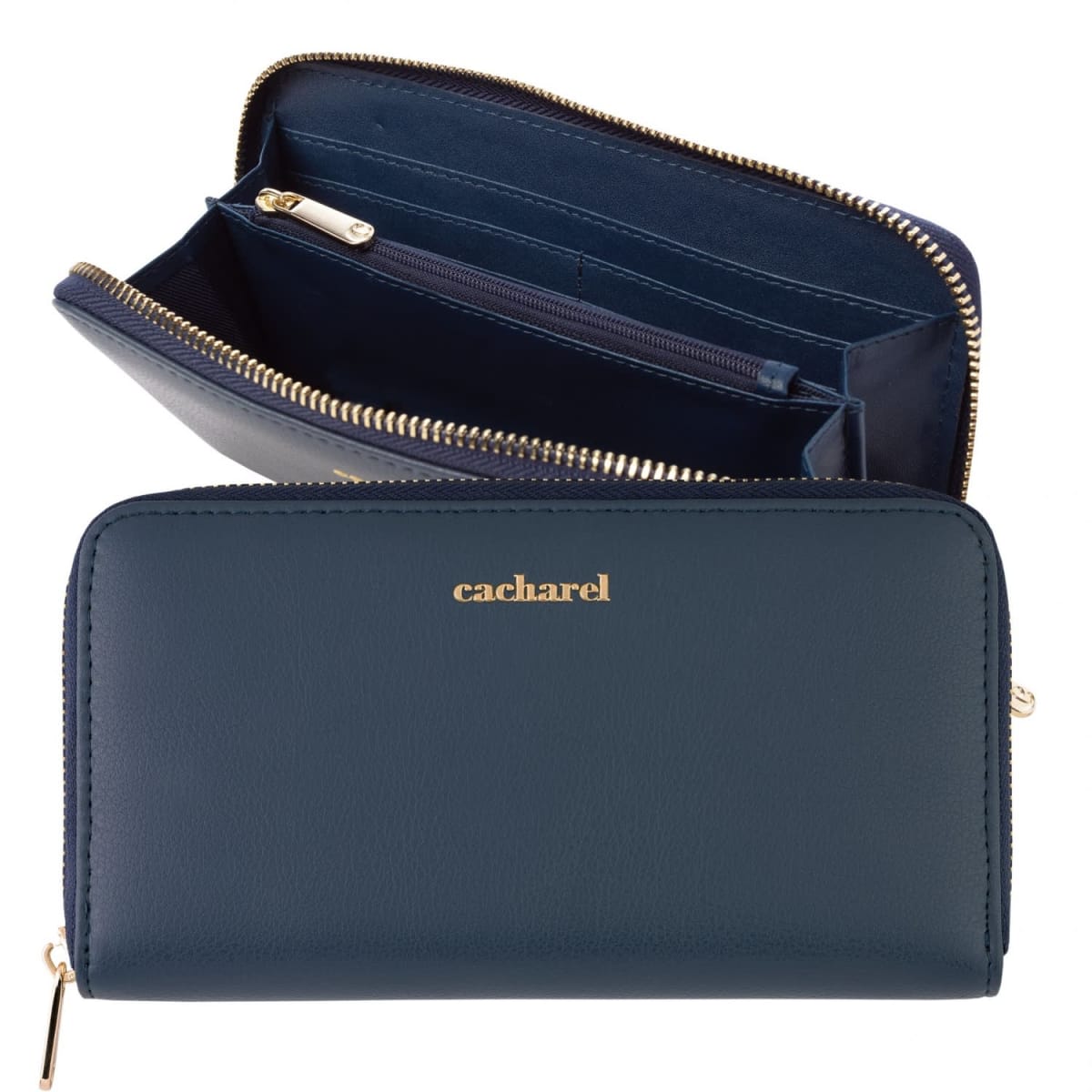Dark blue zippered wallet with gold cacharel logo, shown open and closed.