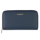 Navy blue leather wallet with gold zipper and cacharel logo on the front.