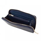 Navy blue zippered wallet open to show compartments and card slots.