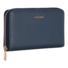Navy blue zippered wallet with gold accents and the brand name cacharel on the front.