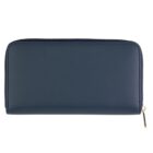 Navy blue zippered leather wallet on a white background.