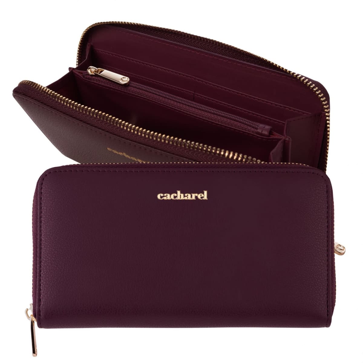 Burgundy zippered wallet with gold cacharel logo and multiple compartments inside.