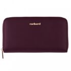 A maroon zippered wallet with cacharel logo in gold on the front.