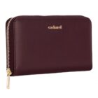 Burgundy zippered wallet with gold cacharel logo on a white background.