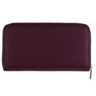 A maroon zippered wallet with a gold zipper pull on a white background.