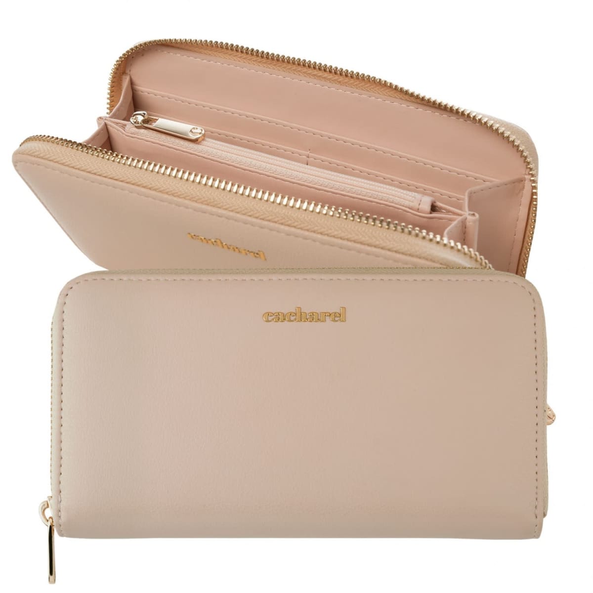 Beige zippered wallet with gold accents, shown open and closed against a white background.