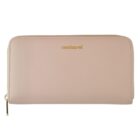 Beige zippered wallet with gold cacharel logo on the front.