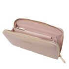 Beige zippered wallet with multiple compartments and a gold zipper, partially open.