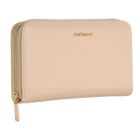 Beige zippered wallet with gold cacharel logo and gold zipper on white background.
