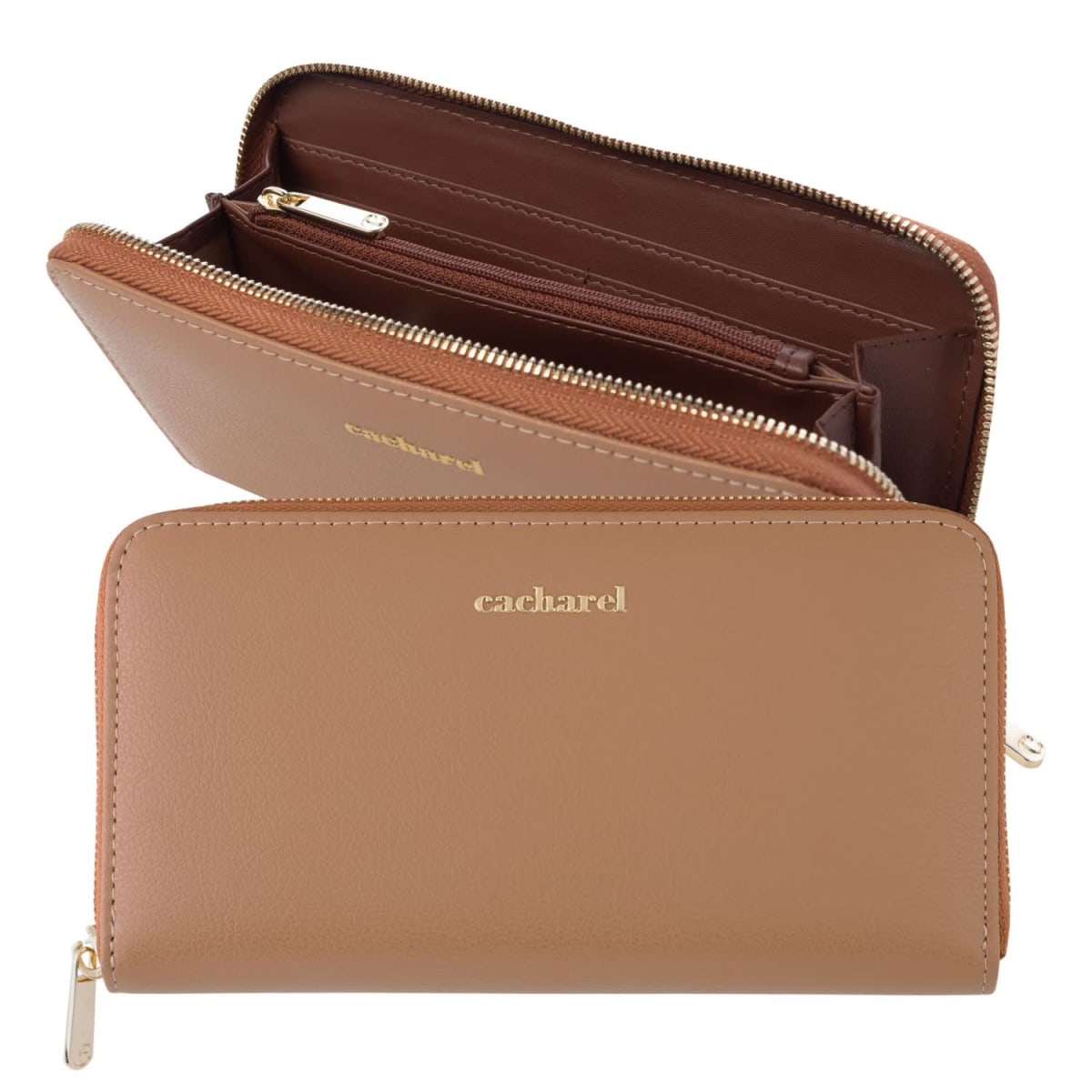 Light brown leather wallet with gold zipper and cacharel logo, shown open and closed.