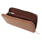 Brown zippered wallet with multiple compartments, partially open on a white background.